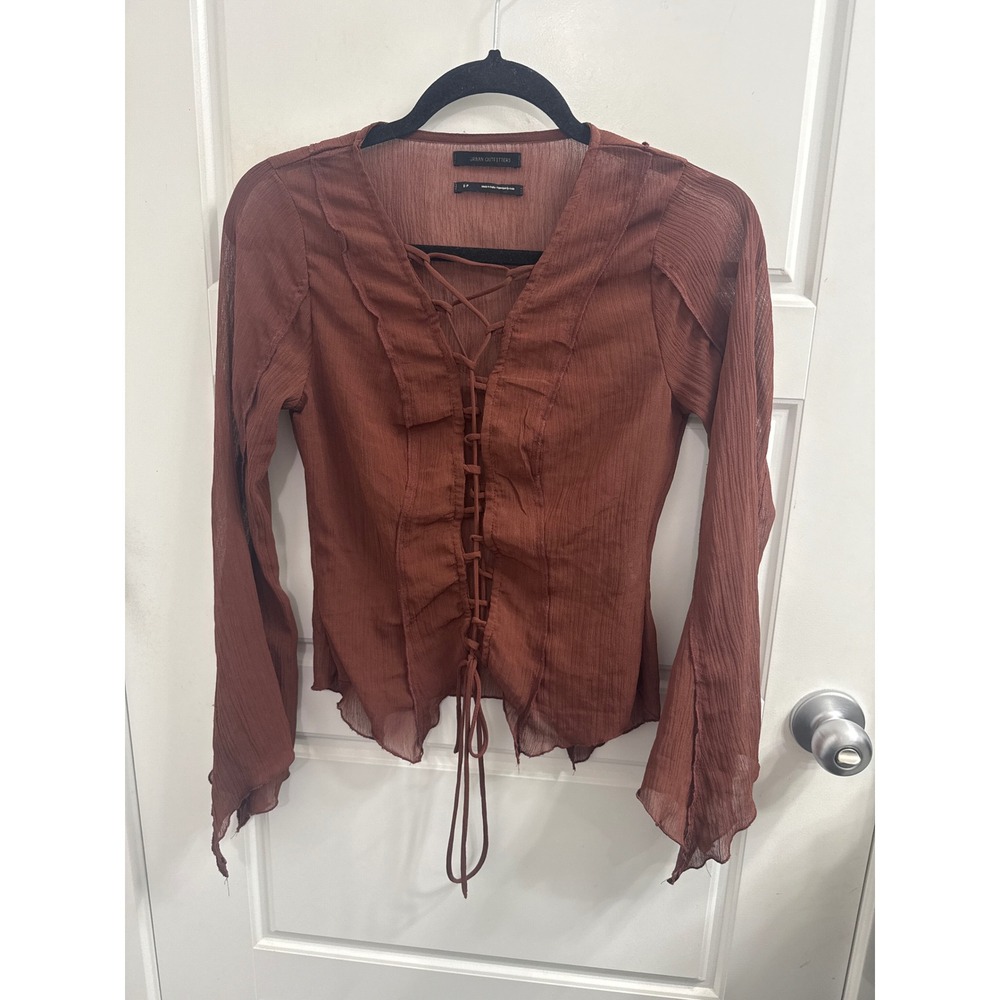 Urban Outfitters Rust Brown Lace Up Ruffle Sheer Long Sleeve Blouse Small